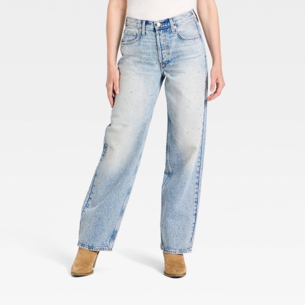 Women's Mid-Rise 90s Baggy Denim Rhinestone Light Blue Jeans